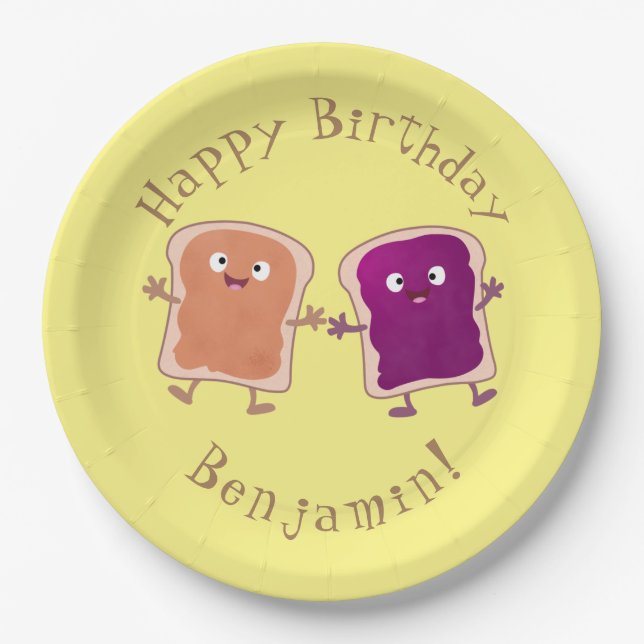 Cute peanut butter and jelly sandwich cartoon paper plate (Front)