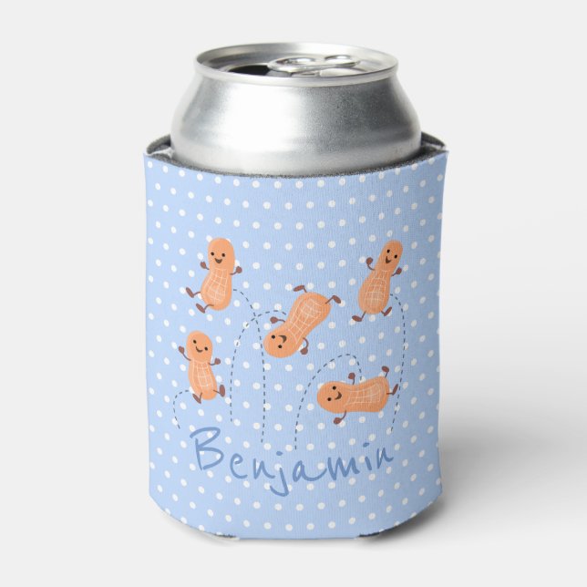 Cute peanut cartoon illustration blue polka dots can cooler (Can Front)