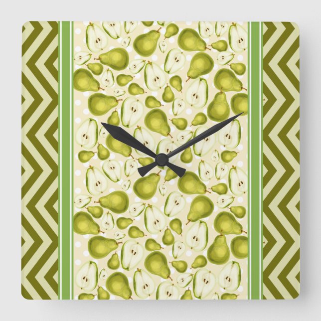 Cute Pear Slice Polka Dot & Chevron Green Square Wall Clock (Front)