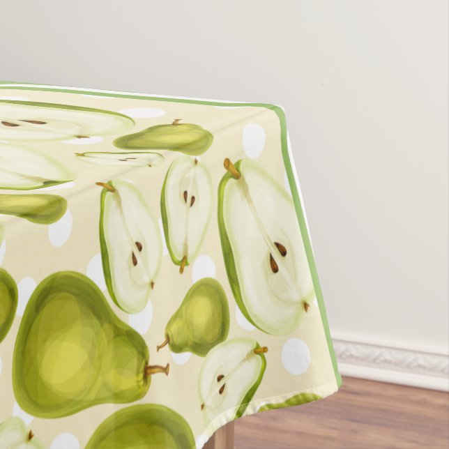 Cute Pear Slice Polka Dot & Chevron Green Tablecloth (In Situ)