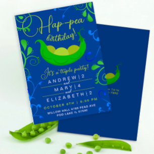 Cute Peas In A Pod Cool Blue Triplets Joint Party  Invitation