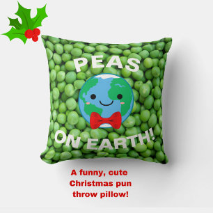 Cute "Peas on Earth" Funny Punny Green Christmas Throw Pillow