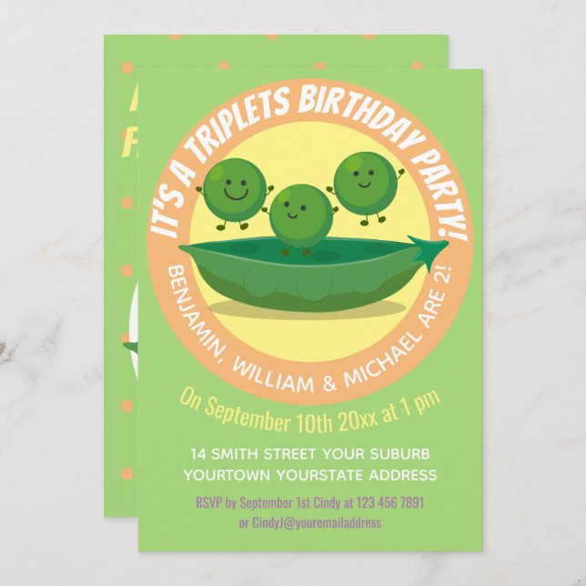 Cute peas triplets cartoon illustration invitation (Front/Back)