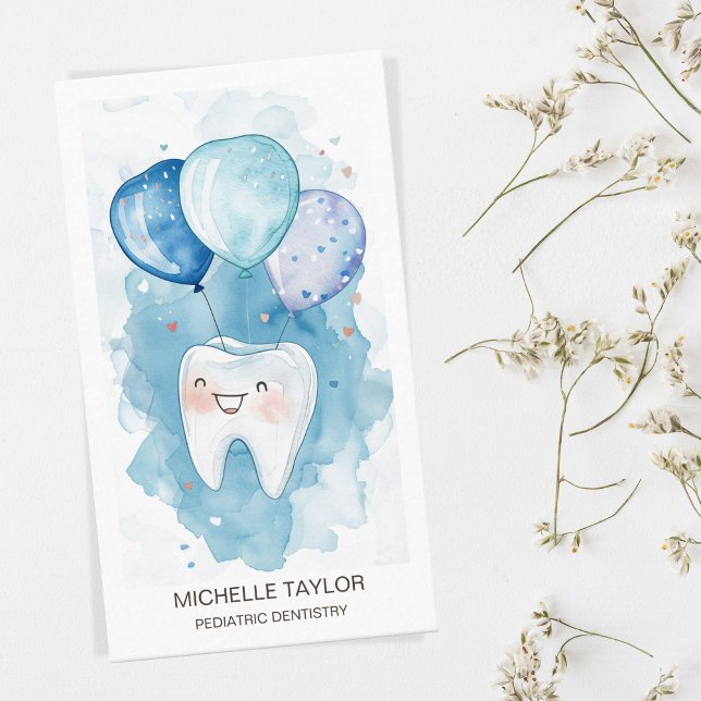 Cute Pediatric Family Dentist Tooth Smile Business Card (a cute smiling tooth with balloons, blue pastel colors)