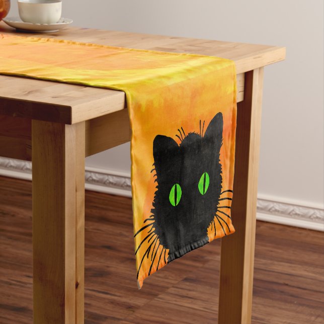 Cute Peek-A-Boo Black Cat on Halloween Orange Short Table Runner (In Situ)
