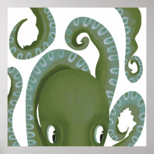 Cute Peek-A-Boo Green Octopus Poster