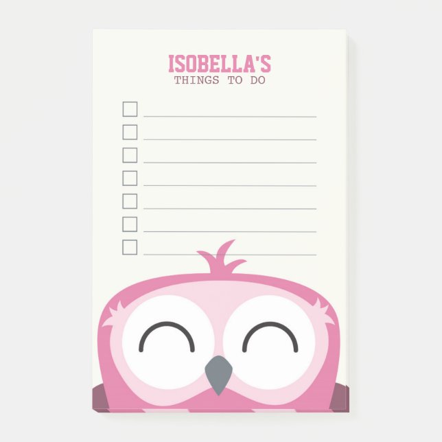 Cute Peekaboo Happy Pink Owl To Do List Post-it Notes (Front)