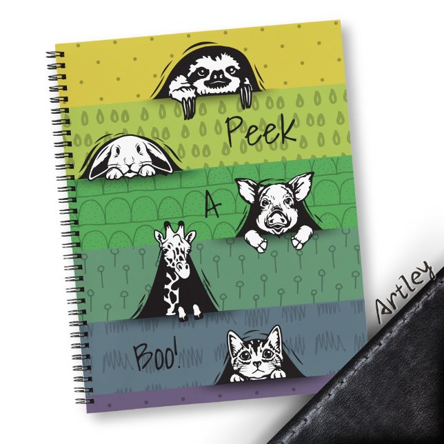 Cute Peeking Animals Pastel Striped Notebook (Creator Uploaded)