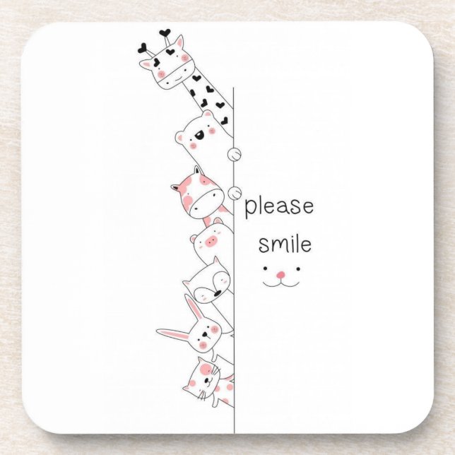 Cute Peeking Animals "Please Smile" Whimsical Spir Coaster (Front)