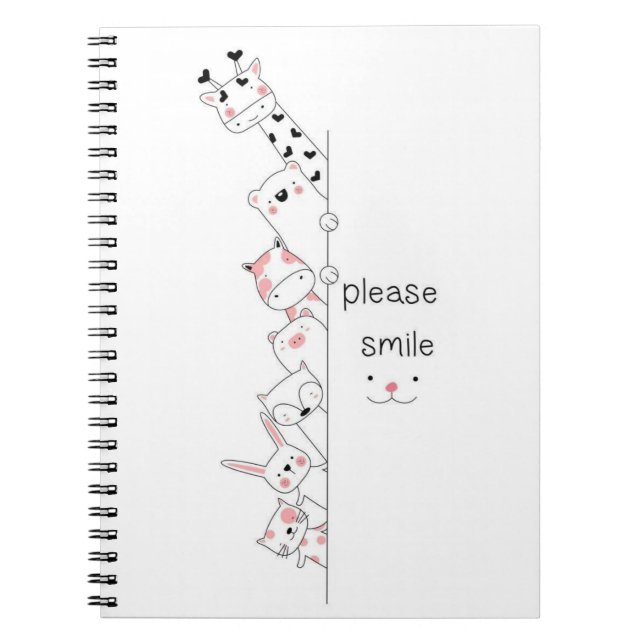 Cute Peeking Animals "Please Smile" Whimsical Spir Notebook (Front)