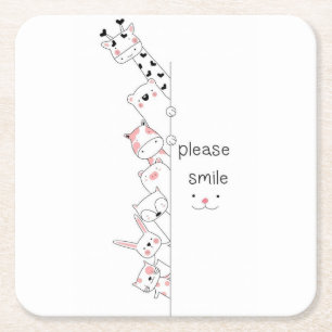 Cute Peeking Animals "Please Smile" Whimsical Spir Square Paper Coaster
