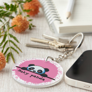 Cute Peeking Baby Panda Pink Splatter Keychain