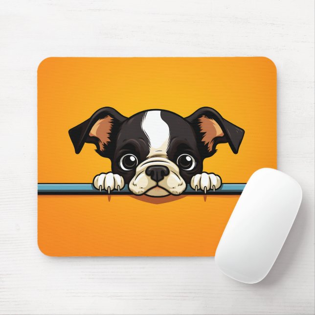 Cute Peeking Boston Terrier Dog Mouse Pad (With Mouse)