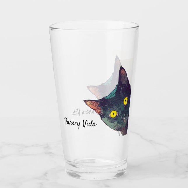 Cute Peeking Cat Purr-y Vida Drinking Glass (Front)