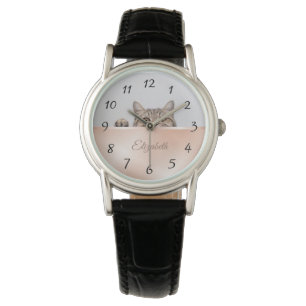 Cute Peeking Cat Rose Gold Foil Monogram Watch
