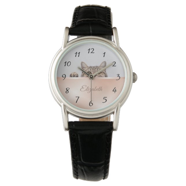 Cute Peeking Cat Rose Gold Foil Monogram Watch (Front)