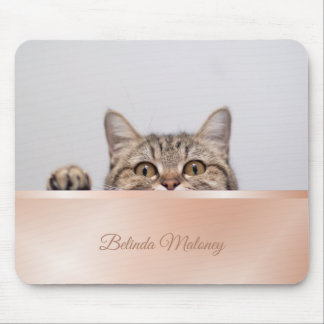 Cute Peeking Cat Rose Gold Monogram Mouse Pad