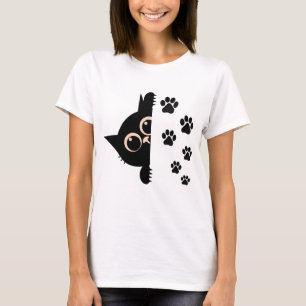 Cute Peeking Cat T-Shirt with Paw Prints