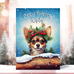 Cute Peeking Chihuahua Cozy Wishes Pine Wreath Holiday Card<br><div class="desc">This adorable holiday greeting card features a cute Chihuahua Dog illustration wearing a festive crown wreath of holly, pine, and berries, with snowflakes gently falling against a Rustic Snowy Pine Sprig and Blue Sky background. The Chihuahua Dog is peeking over the snow-capped log to say hello! The playful text "Cozy...</div>