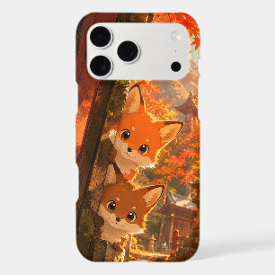 Cute Peeking Foxes Autumn Temple Maple Leaves