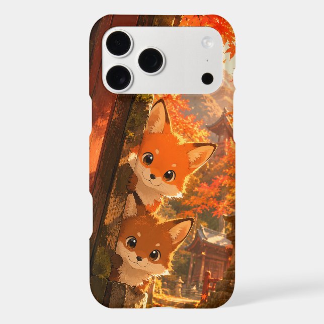 Cute Peeking Foxes Autumn Temple Maple Leaves (Back)