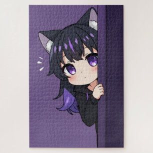 Cute Peeking Neko Chibi – Shy Purple Cat Girl Jigsaw Puzzle