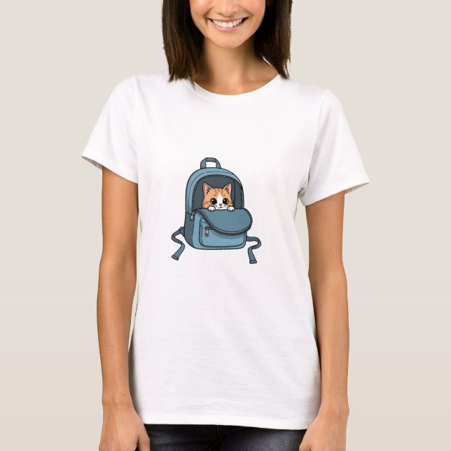 Cute Peeking Orange Tabby Cat in Blue Backpack  T-Shirt (Front)