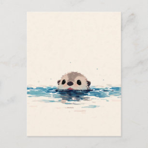 Cute Peeking Otter in Blue Water Postcard