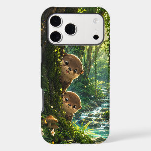 Cute Peeking Otters Lush Green Forest River