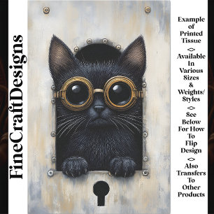 Cute Peeking Steampunk Black Kitten AP4 Decoupage Tissue Paper