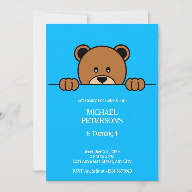 Cute Peeping Bear | Simple Cartoon on Blue Invitation (Front)