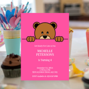 Cute Peeping Bear Simple Cartoon on Pink Invitation
