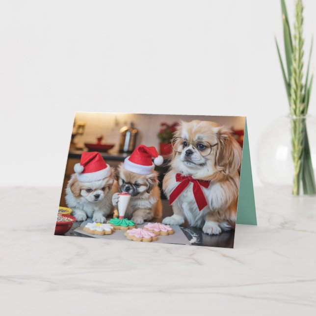 Cute Pekingese Christmas Cookie Card (Front)