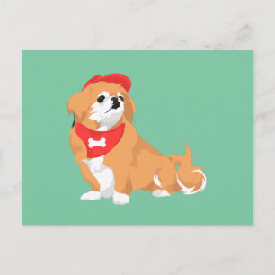 Cute Pekingese with Red Hat and Bone Bandana Dog Postcard