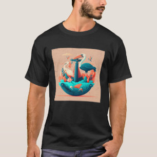 Cute Pelican Illustration Ocean Anchor Colorful Wo T-Shirt