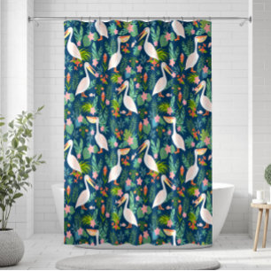 Cute pelicans colourful tropical flowers pattern
