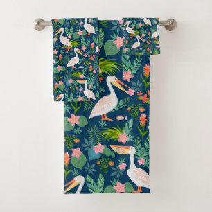 Cute pelicans colourful tropical flowers pattern bath towel set