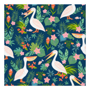 Cute pelicans colourful tropical flowers pattern photo print