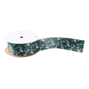 Cute pelicans colourful tropical flowers pattern satin ribbon