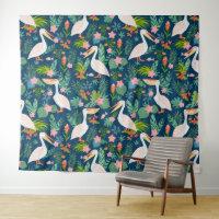 Cute pelicans colourful tropical flowers pattern