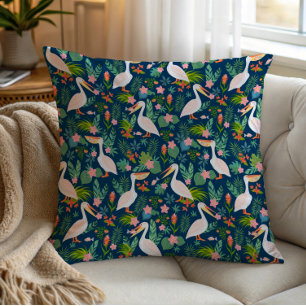 Cute pelicans colourful tropical flowers pattern throw pillow