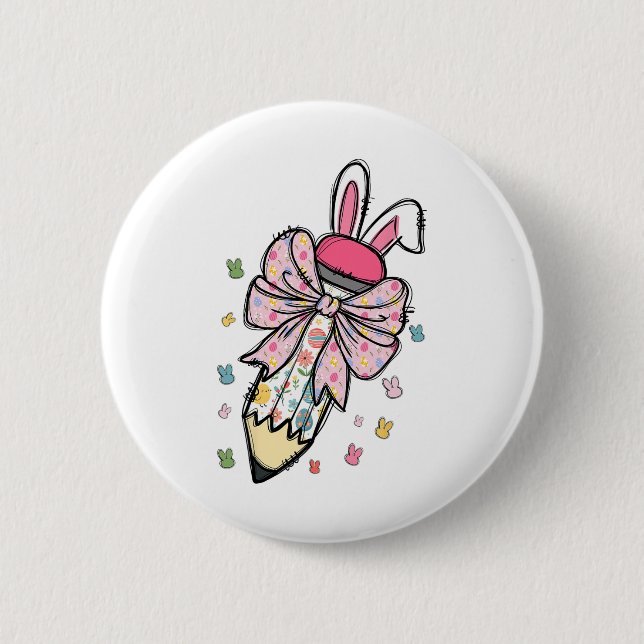 Cute Pencil Coquette Bow Bunny Easter Day Teacher  2 Inch Round Button (Front)