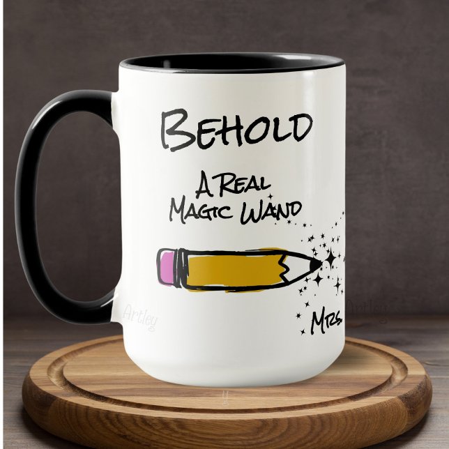 Cute Pencil Magic Wand Sparkle Custom Name Teacher Mug (Creator Uploaded)