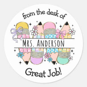 Cute Pencil School Teachers Name Classic Round Sticker