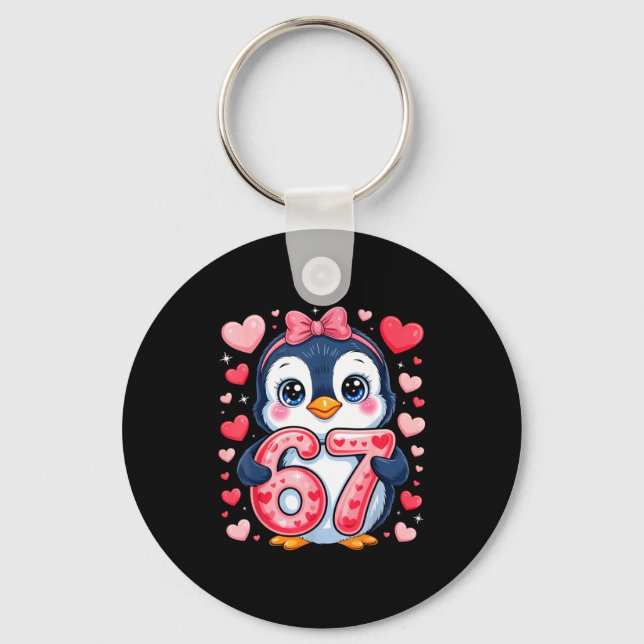 Cute Penguin 67 Six Seven Valentine Hearts 6 7 Mem Keychain (Front)