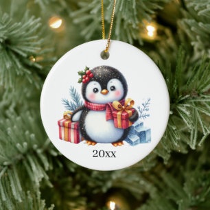 Cute penguin add date and message Christmas Ceramic Ornament
