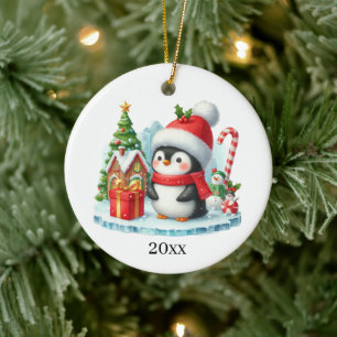 Cute penguin add date and message Christmas Ceramic Ornament