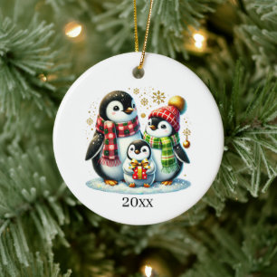 Cute penguin add date and message Christmas Ceramic Ornament