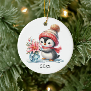 Cute penguin add date and message Christmas Ceramic Ornament