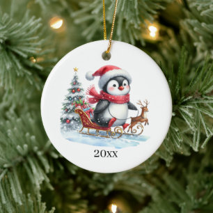 Cute penguin add date and message Christmas Ceramic Ornament